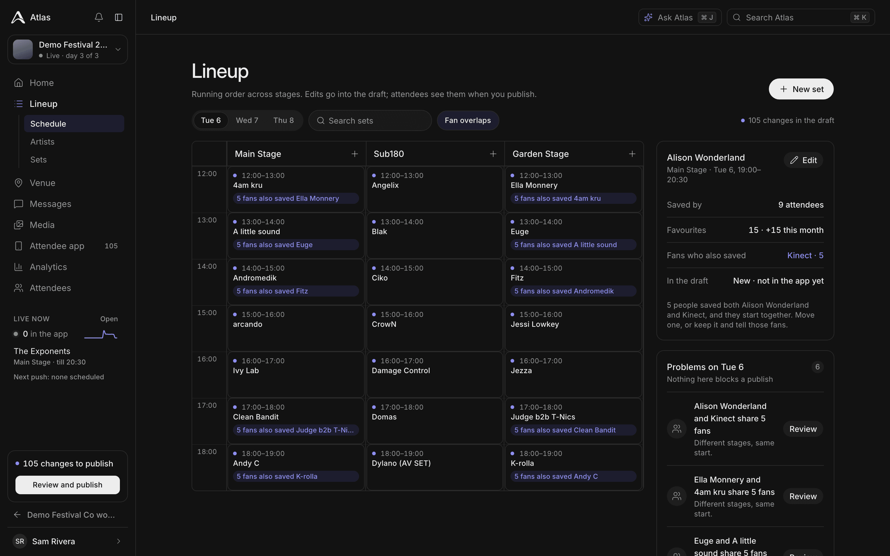 The lineup schedule across three stages, with fan-overlap tags and a panel flagging clashes.